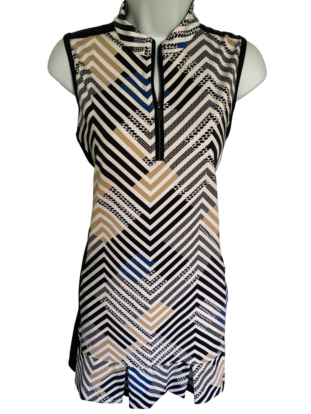 Tail Sleeveless Zip-Front Dress in Black, White, Tan & Blue-S